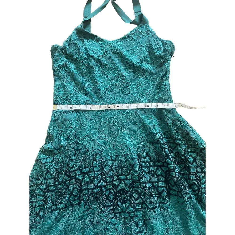 Free People Strap Mini Flare Dress Green‎ Floral Lace Black Velvety Detail